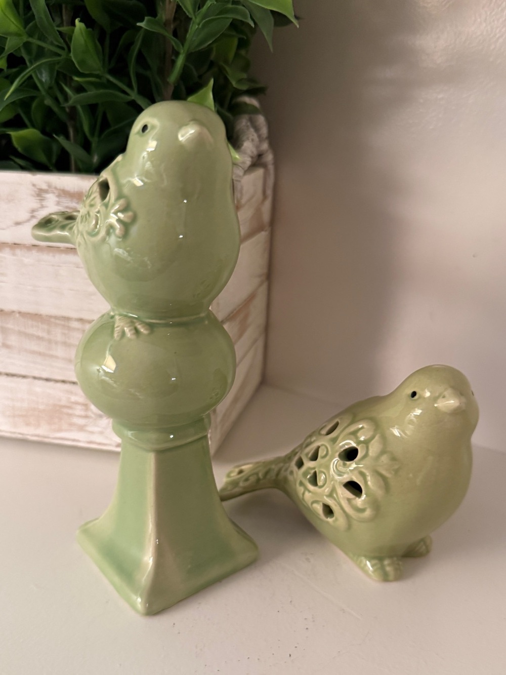 Green Ceramic Bird Figurines Pair Celadon Style Pierced Openwork Shelf Decor VTG